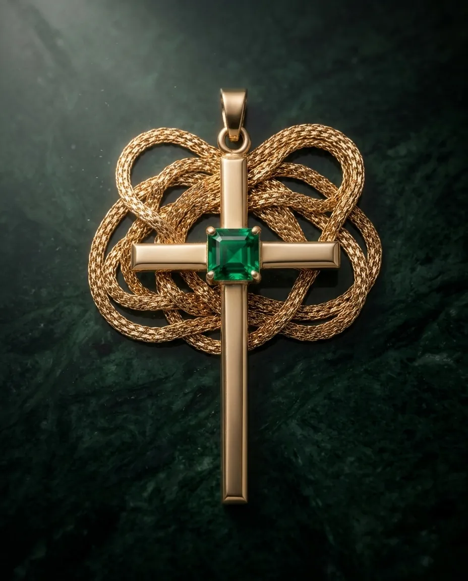 Vergara Emerald gold cross pendant with Colombian emerald, on dark marble