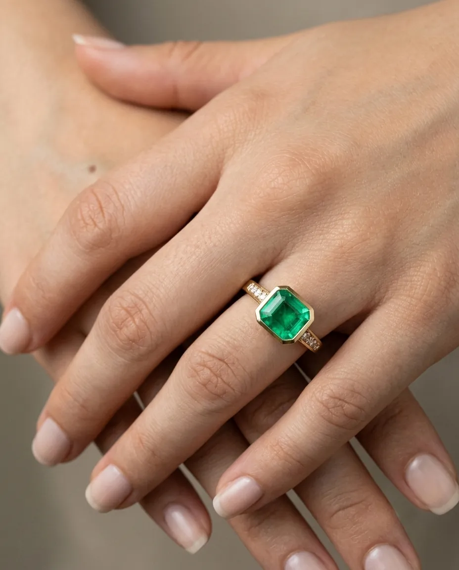 Green Promise — Emerald-cut Colombian emerald statement ring with diamond shoulders, 18k gold