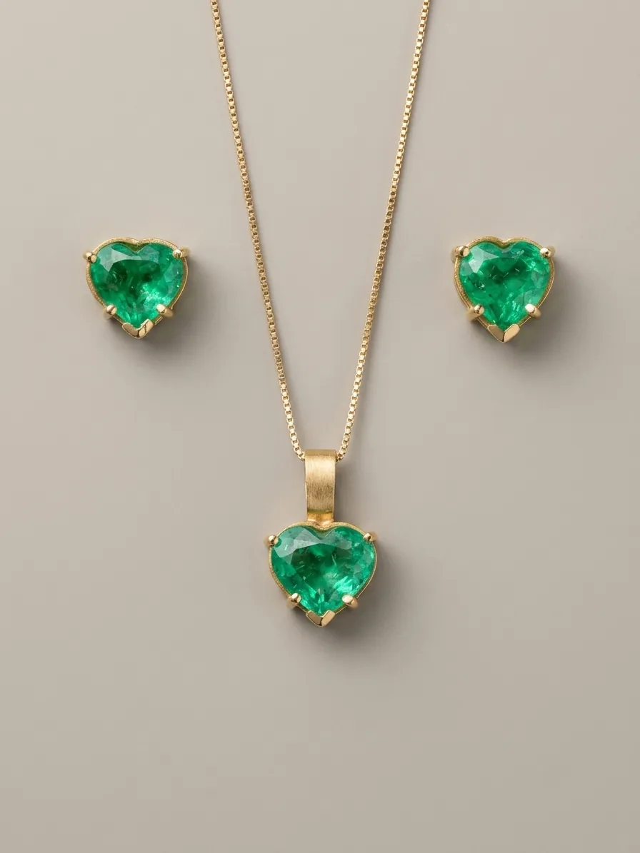 Amore Mio — Heart-cut Colombian emerald necklace and stud earrings set, 18k gold