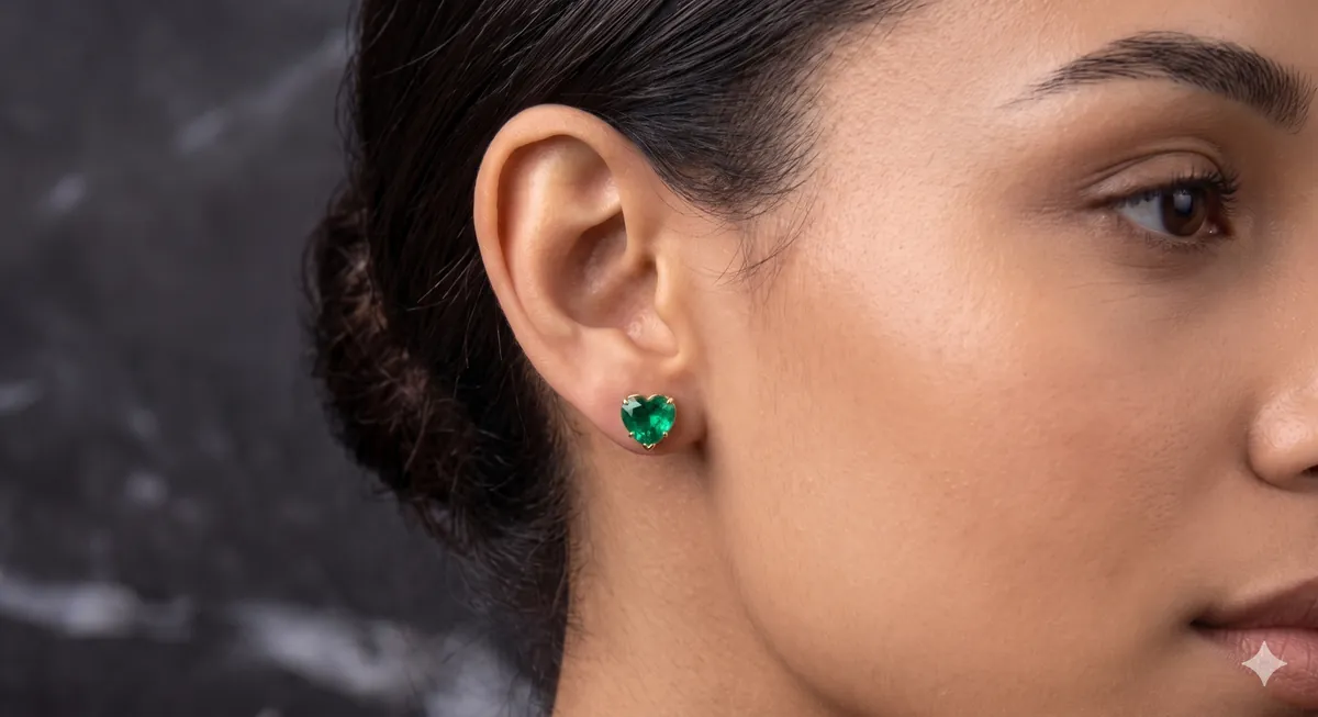 Detail of a Vergara Emerald heart-cut stud earring, worn