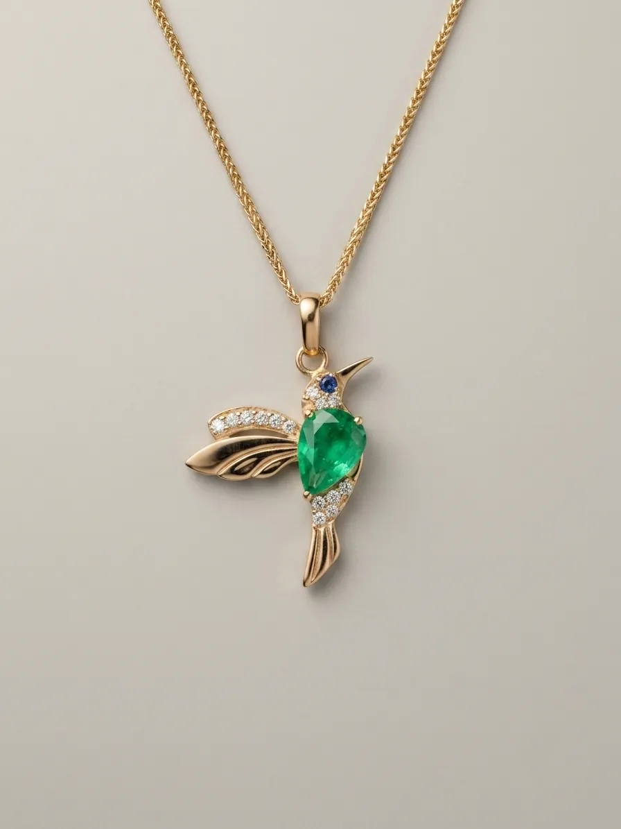 Colibri — Hummingbird pendant necklace, pear-cut Colombian emerald, diamond and sapphire, 18k gold