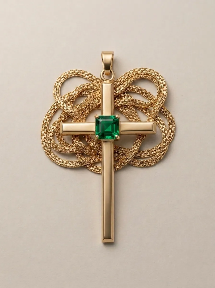 Salvatore — Gold cross pendant with square Colombian emerald, woven ribbon motif